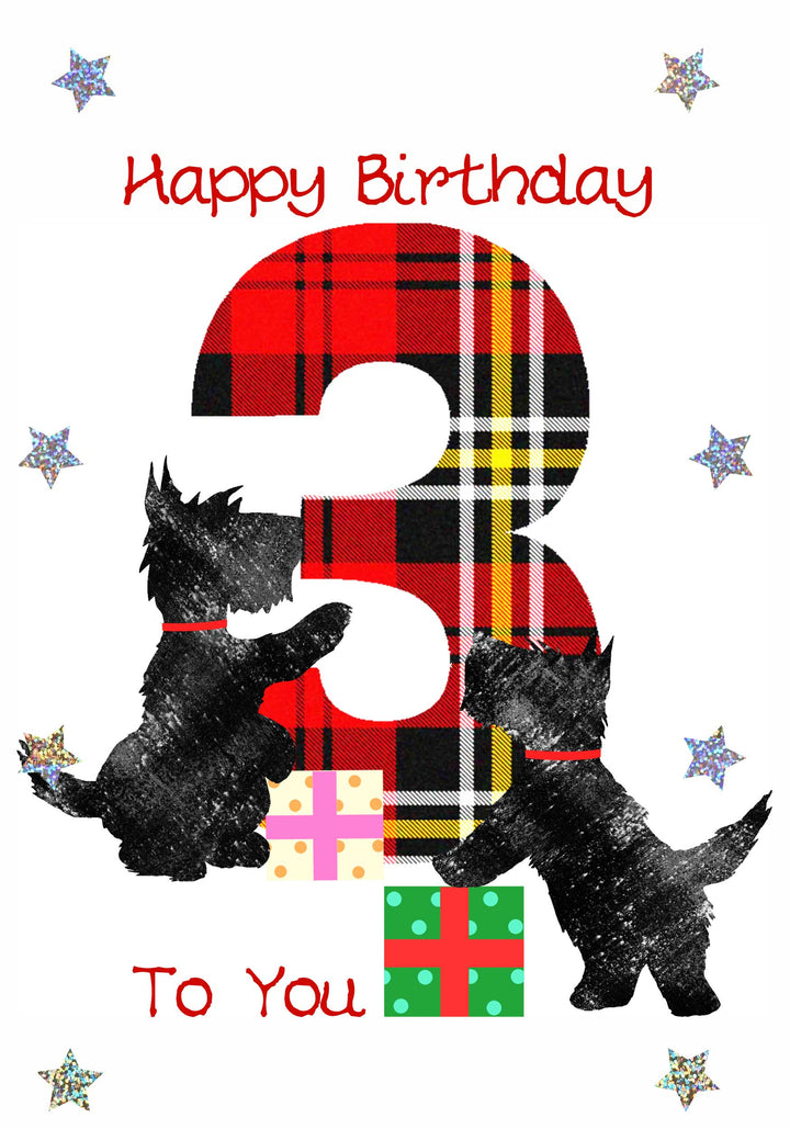 Scottish Childrens Birthday Card Age 3 Scotties