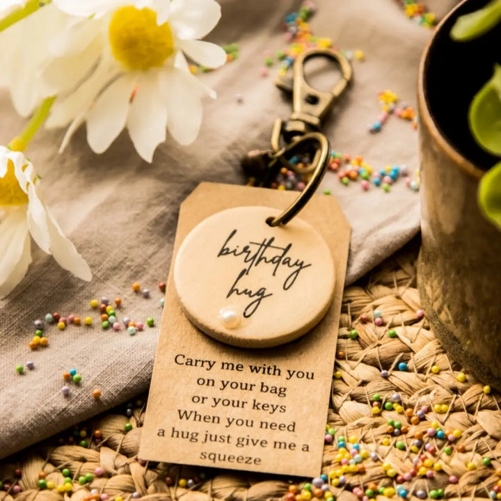 Little Birthday Hug Wooden Key Ring