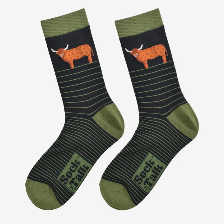 Highland Cow Stripe Mens Bamboo Socks Black & Green