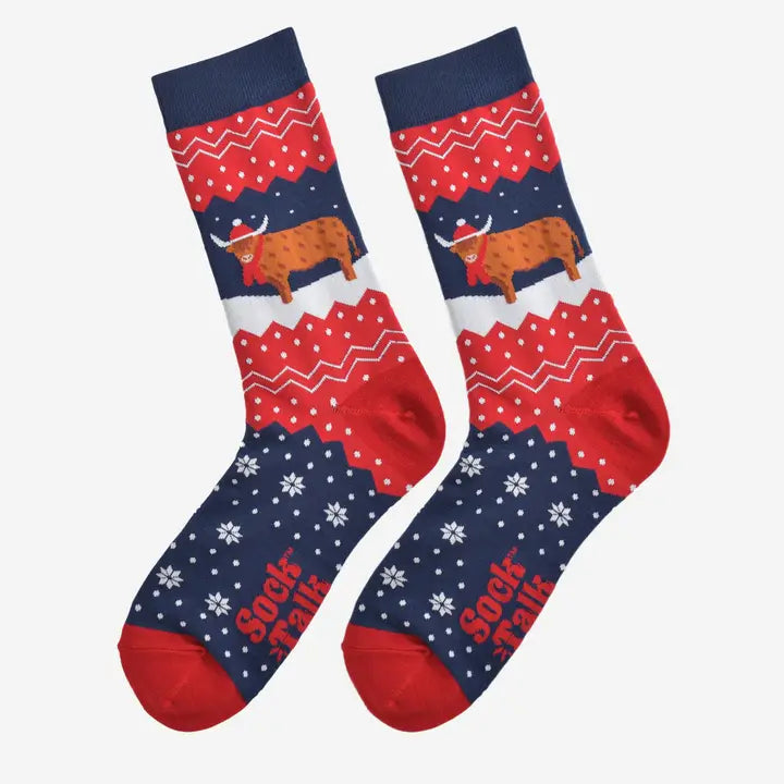 Red/Navy Winter Highland Cow Mens Bamboo Socks