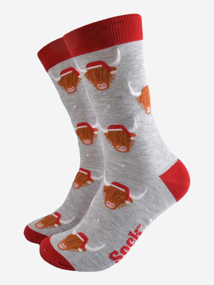 Men's Bamboo Socks - Grey/Red, Christmas Highland Cow