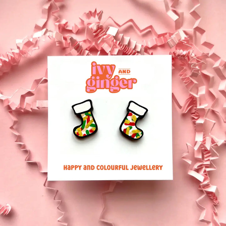 Hand Painted Christmas Confetti Stocking Stud Earrings