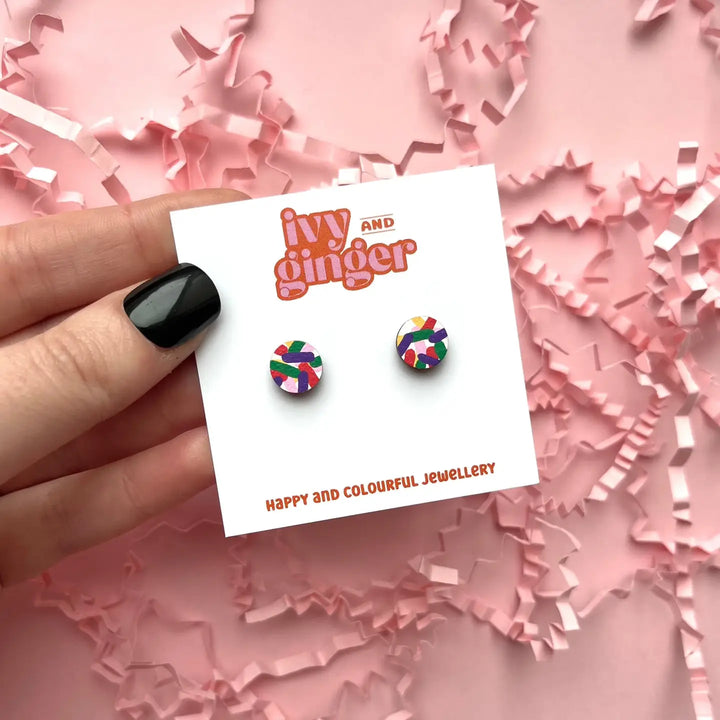 Mini Colourful Confetti Print Circle Studs Wooden Eco