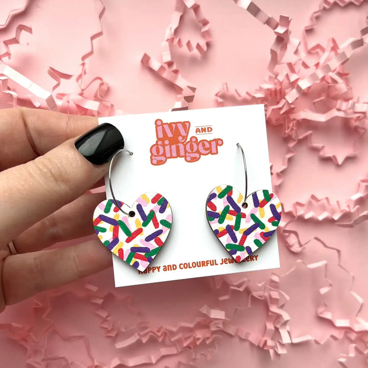 Confetti Wooden Heart Hoop Earrings