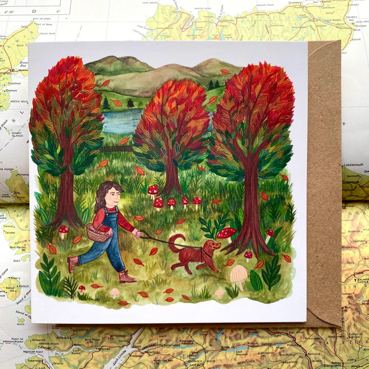 Dog Walks in the Woods Blank Greeting Card