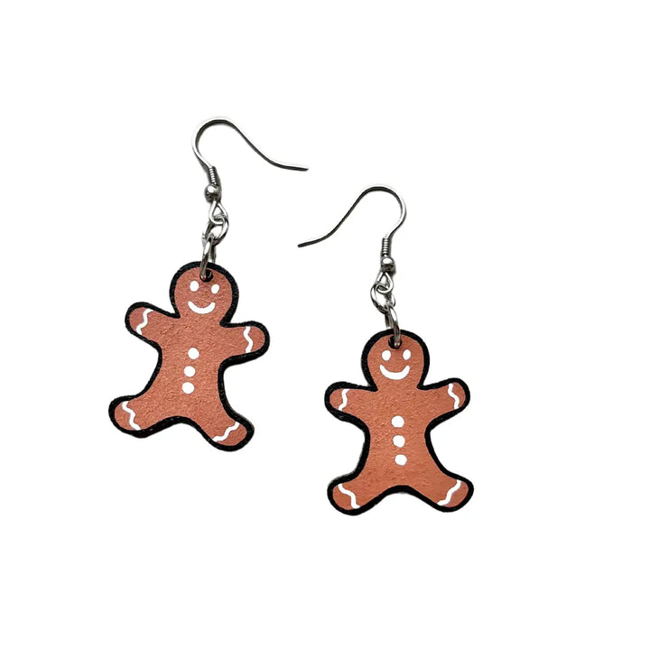 Hand Painted Christmas Gingerbread Man Dangle Earrings