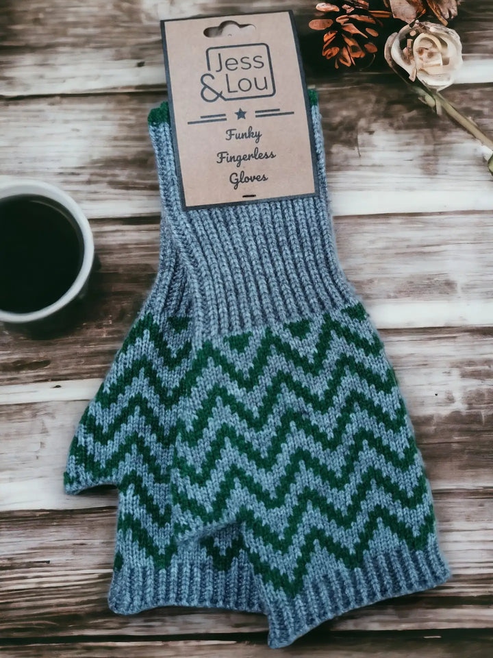 Herringbone Green Fingerless Gloves