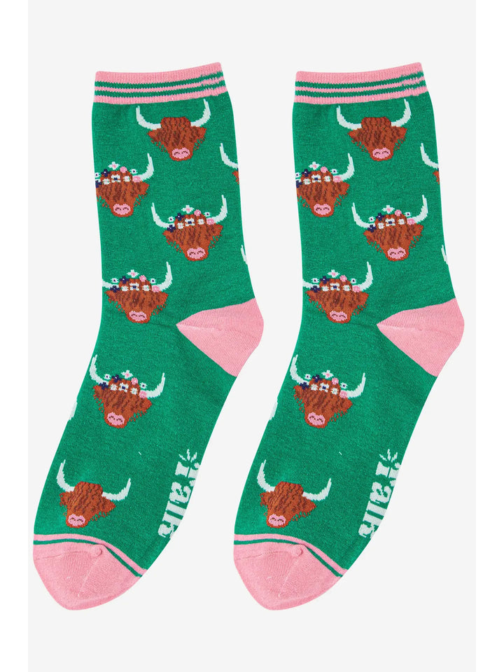 Women's Highland Cow Bamboo Socks Green