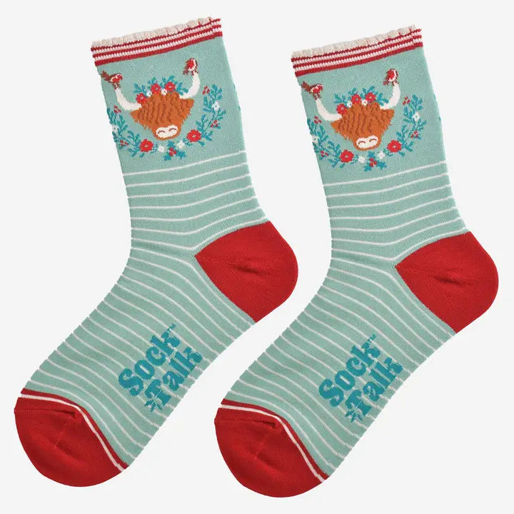 Women's Mint Highland Cow Festive Wreath Print Socks