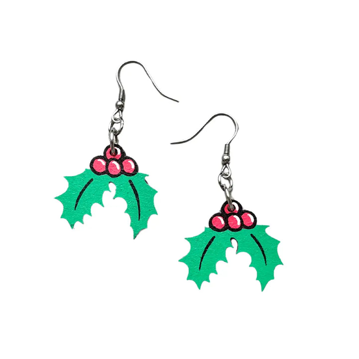 Hand Painted Wooden Christmas Holly Dangle Earrings