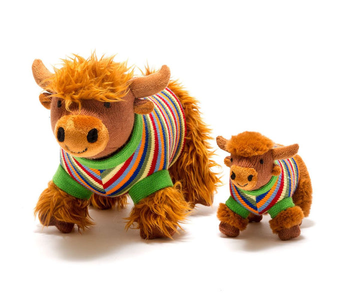 HIGHLAND COW KNITTED BABY RATTLE WITH STRIPE JUMPER