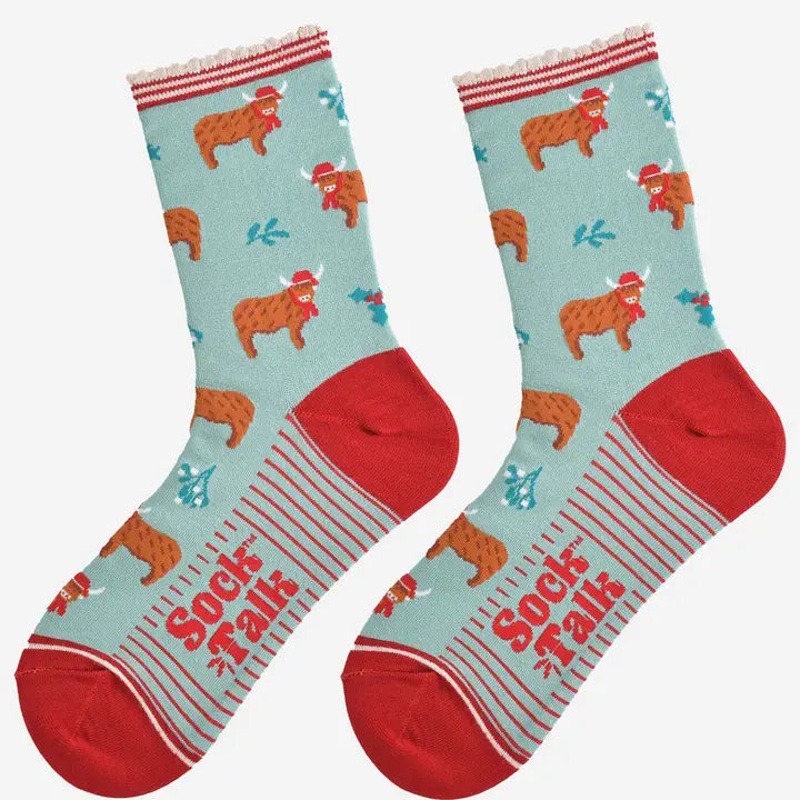 Women's Mint Festive Highland Cow Repeat Print Socks