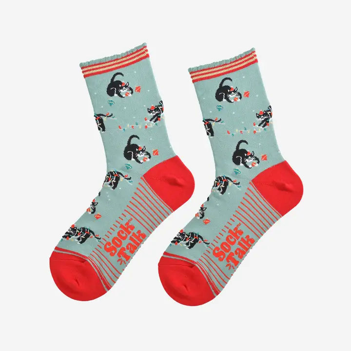 Womens Playful Cats Mint Bamboo Socks