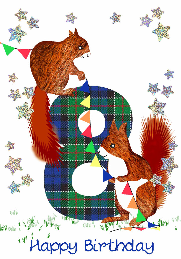 Scottish Childrens Birthday Card Age 8 Squirrels