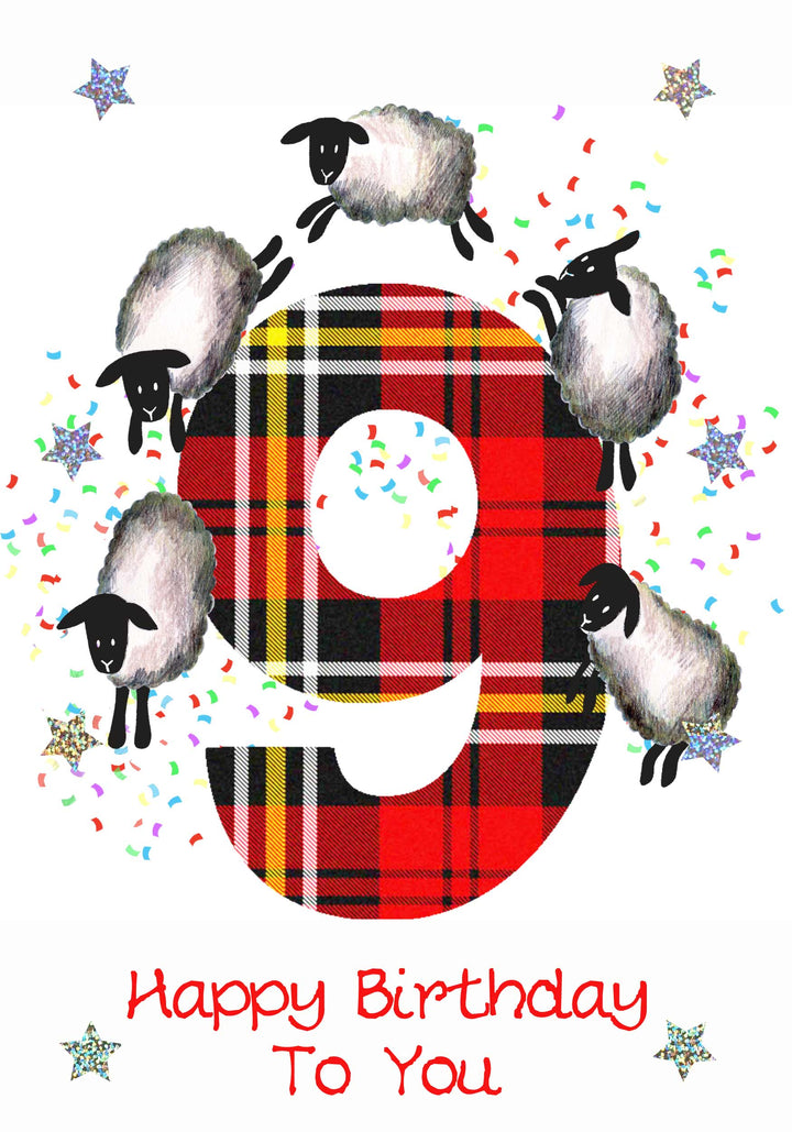 Scottish Childrens Birthday Card Age 9 Sheep