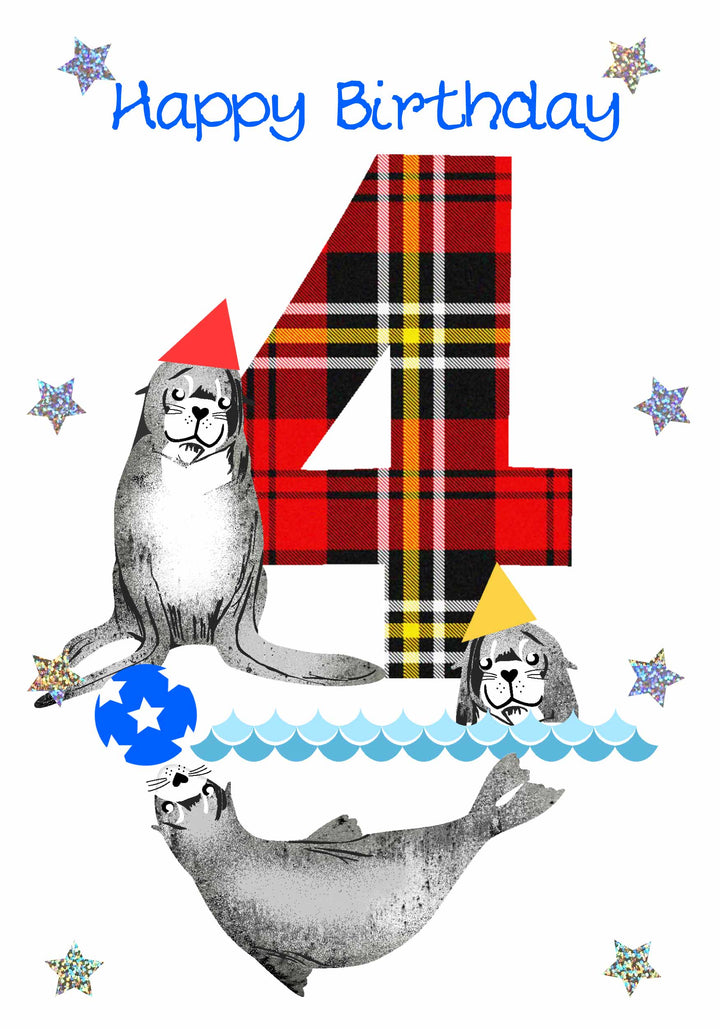 Scottish Childrens Birthday Card Age 4 Seals