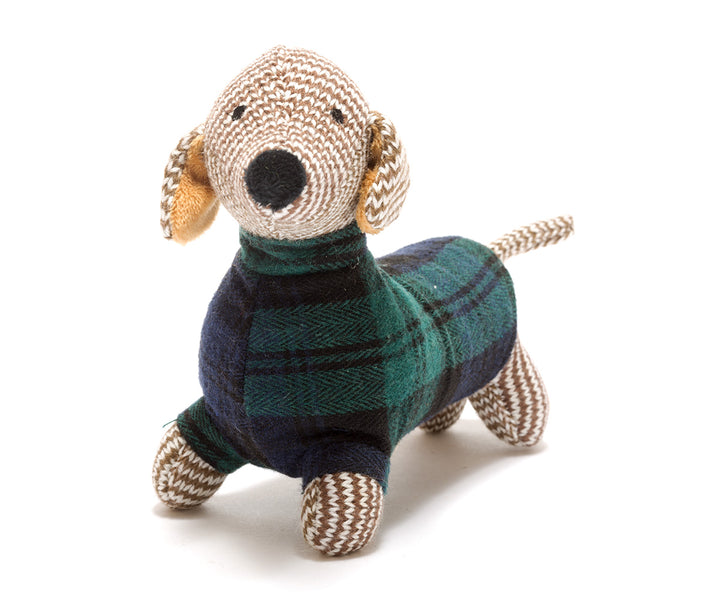 Knitted Tartan Sausage Dog Baby Rattle