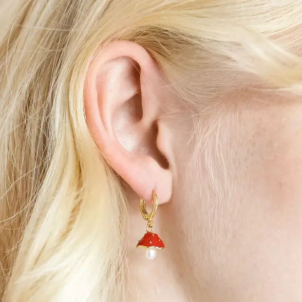 Enamel Toadstool and Pearl Huggie Hoop Earrings