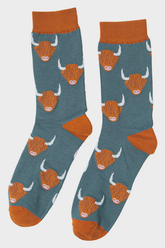 Teal Mens Highland Cow Socks