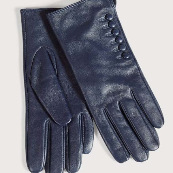 Leather Button Gloves New Navy