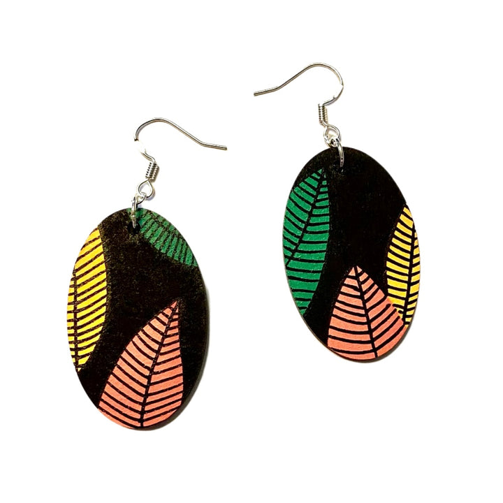 Hand Painted Leaf Print Oval Dangle Earrings