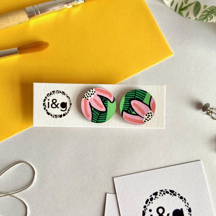 Hand Painted Pink Wild Flower Studs