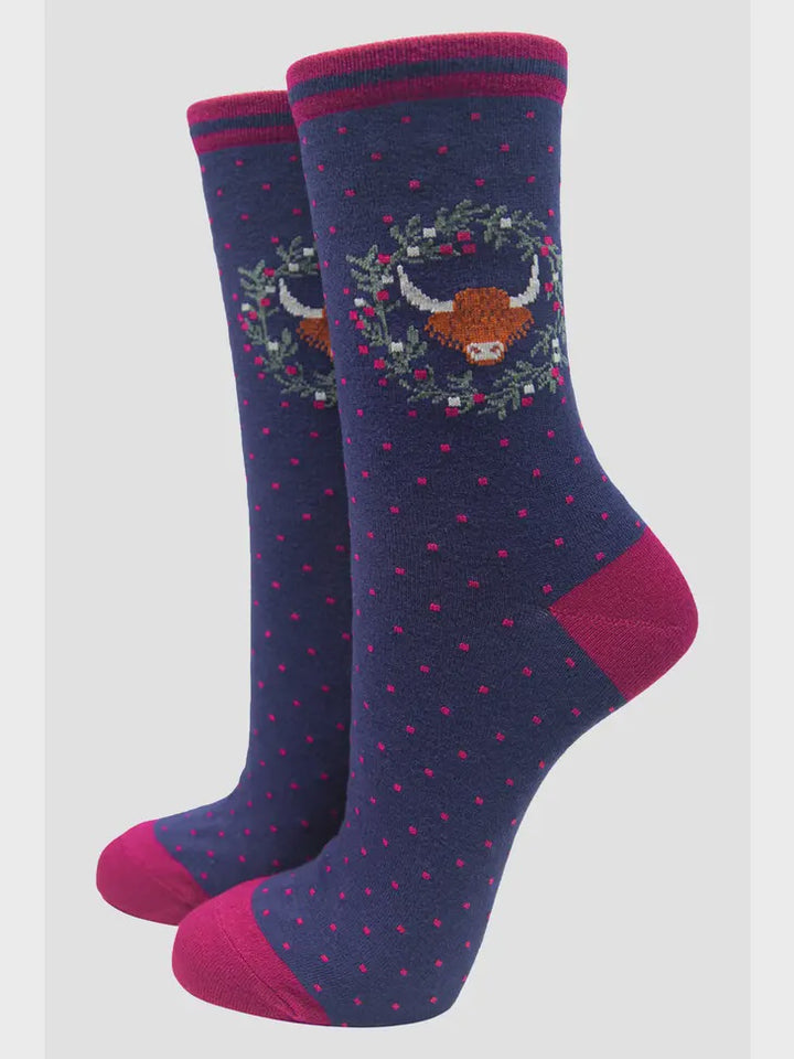 Women's Highland Cow Wreath Print Socks